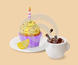 3d Lemon Cupcake with Candle and Cup Coffee Splash Sweet Dessert Food Cartoon Style. Vector