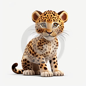 3d Leopard Cub Baby Sitting On White Background