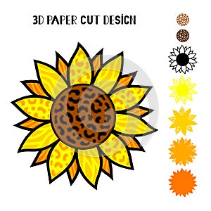 3D Leopard Sunflower . Vector paper or laser cut template. Flower silhouette