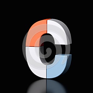3d letter C plastic orange and blue from alphabet isolated in a black background. Hi tech metallic font character design