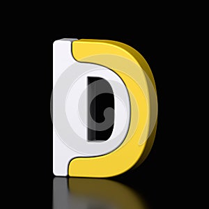 3d letter D plastic yellow and white from alphabet isolated in a black background. Hi tech metallic font character design