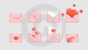 3d letter envelope set. Love render, romantic gift, new chat notification, open and closed email message with document