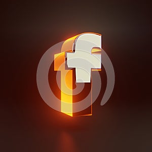 3d letter F lowercase. Glowing glossy metallic font with orange lights isolated on black background