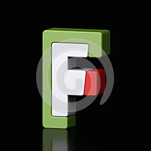 3d letter F plastic light green and red from alphabet isolated in a black background. Hi tech metallic font character design