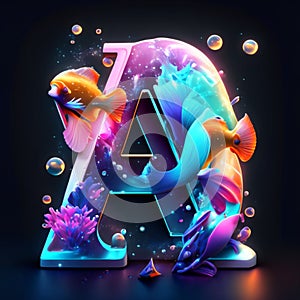 3d letter A with fish, algae and bubbles on dark background generative AI