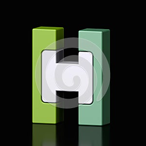 3d letter H plastic green and white from alphabet isolated in a black background. Hi tech metallic font character design