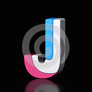 3d letter J plastic blue and pink from alphabet isolated in a black background. Hi tech metallic font character design