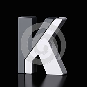 3d letter K plastic black and white from alphabet isolated in a black background. Hi tech metallic font character design