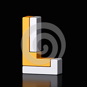 3d letter L plastic orange and white from alphabet isolated in a black background. Hi tech metallic font character design