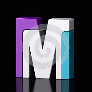 3d letter M plastic purple and light blue from alphabet isolated in a black background. Hi tech metallic font character design