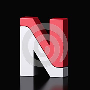 3d letter N plastic red and white from alphabet isolated in a black background. Hi tech metallic font character design