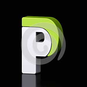 3d letter P plastic light green and white from alphabet isolated in a black background. Hi tech metallic font character design