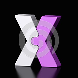 3d letter X plastic purple and white from alphabet isolated in a black background. Hi tech metallic font character design