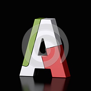 3d letter A plastic red and green from alphabet isolated in a black background. Hi tech metallic font character design