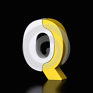3d letter Q plastic yellow and white from alphabet isolated in a black background. Hi tech metallic font character design