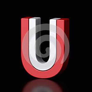 3d letter U plastic red and white from alphabet isolated in a black background. Hi tech metallic font character design