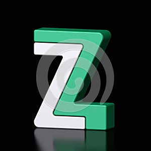 3d letter Z plastic green and white from alphabet isolated in a black background. Hi tech metallic font character design