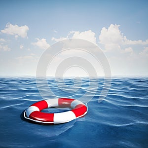 3d life buoy and blue ocean with blue sky