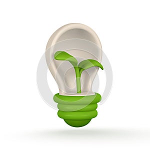 3d light bulb with green sprout in cartoon style. Green energy, clean energy, global warming, recycle, protect environment concept