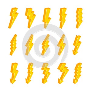 3D lightning bolts vector logo set. Concept of energy and electricity. Cartoon flash collection. Power and electric