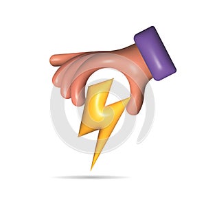 3D Lightning hold in hand. Realistic icon. Thunderbolt icon.