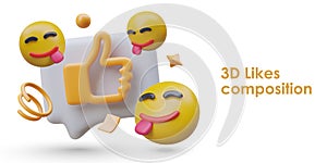 3d likes composition. Funny yellow emoticons with closed eyes and big smiles and message with like