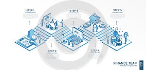 3d line isometric finance team infographic template. Bank data analysis, presentation layout. 5 option steps, process