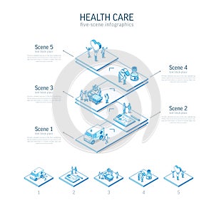 3d line isometric healthcare infographic template. Medical care presentation layout. 5 option steps, process parts