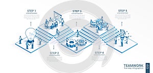 3d line isometric teamwork infographic template. Office work. success, communication presentation layout. 5 option steps