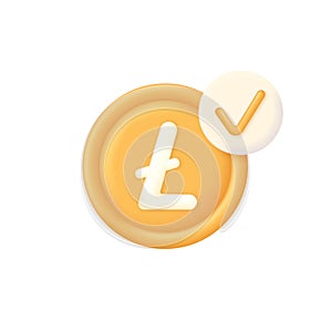 3D Litecoin and check mark illustration. LTC icon. Approved Payment icon. Successful transaction. Buy or sell currency