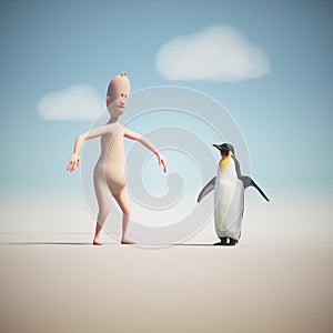 3d little man character imitating a penguin