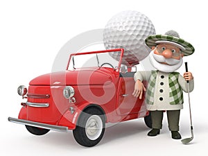 3d little man golfist by car