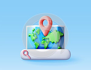 3D location folded paper map, search bar and pin