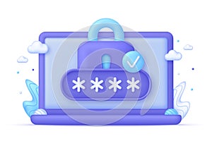 3D Locked padlock and password on Computer. Cyber security to Protect Personal Data. User authorization.