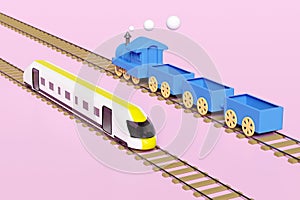 3d locomotive, bullet train with railroad tracks, steam train transport toy, planning traveler tourism train isolated on pink
