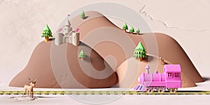 3d locomotive plasticine with railroad tracks, steam train transport clay toy, mountain landscape, castle, towers, fort isolated