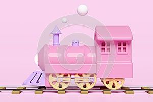 3d locomotive with railroad tracks, steam train transport toy, summer travel service, planning traveler tourism train isolated on