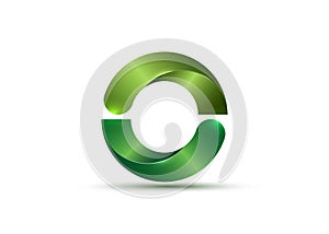 3D Logo Bio Design glossy green Semi Circles. Ecologic round, alphabet, impossible letter O symbol or double C. Zero number vector