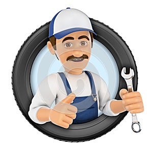 3D Logo. Mechanic with wrench and tyre
