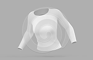 3D Long sleeve t-shirt for women angle view. Realistic mockup of female white tee, sweater, sport or casual apparel with