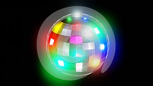 3D loop animation rotating retro disco mirror ball with color glow reflections on black background