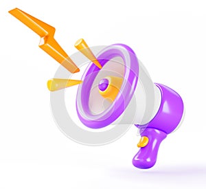 3d loudspeaker icon, purple white megaphone with loud sound, shout or scream in shape of gold lightning flashes