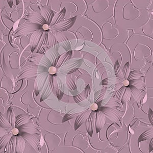 3d love hearts floral seamless pattern. Surface relief 3d flowers, leaves, pearls,  love heart ornament with embossing effect.