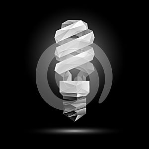 3d low poly fluorescent light bulb model. Glowing polygonal bulb illustration on a black background