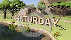 3D Low poly land scene with popup trees and rocks. Saturday