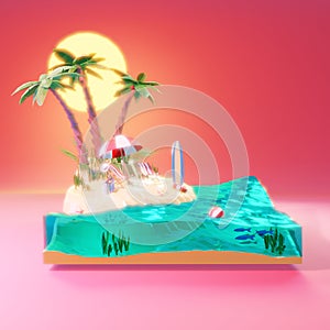 3d Low poly tropical island sea, sunrise deck chairs under umbrella on a beach. Travel concept 3d illustration