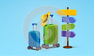 3d luggages or suitcases with beach hat, street or road sign, isolated on background. Concept for travel banner, airport