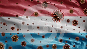 3D, Luxembourger flag waving with Coronavirus outbreak. Luxembourg Covid 19