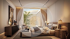 3D. Luxury bedroom interior in soothing warm colours and beige tones