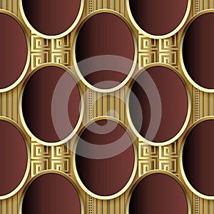 3d luxury greek vector seamless pattern. Surface tiled ellipse oval shapes background. Striped repeat geometric royal backdrop.